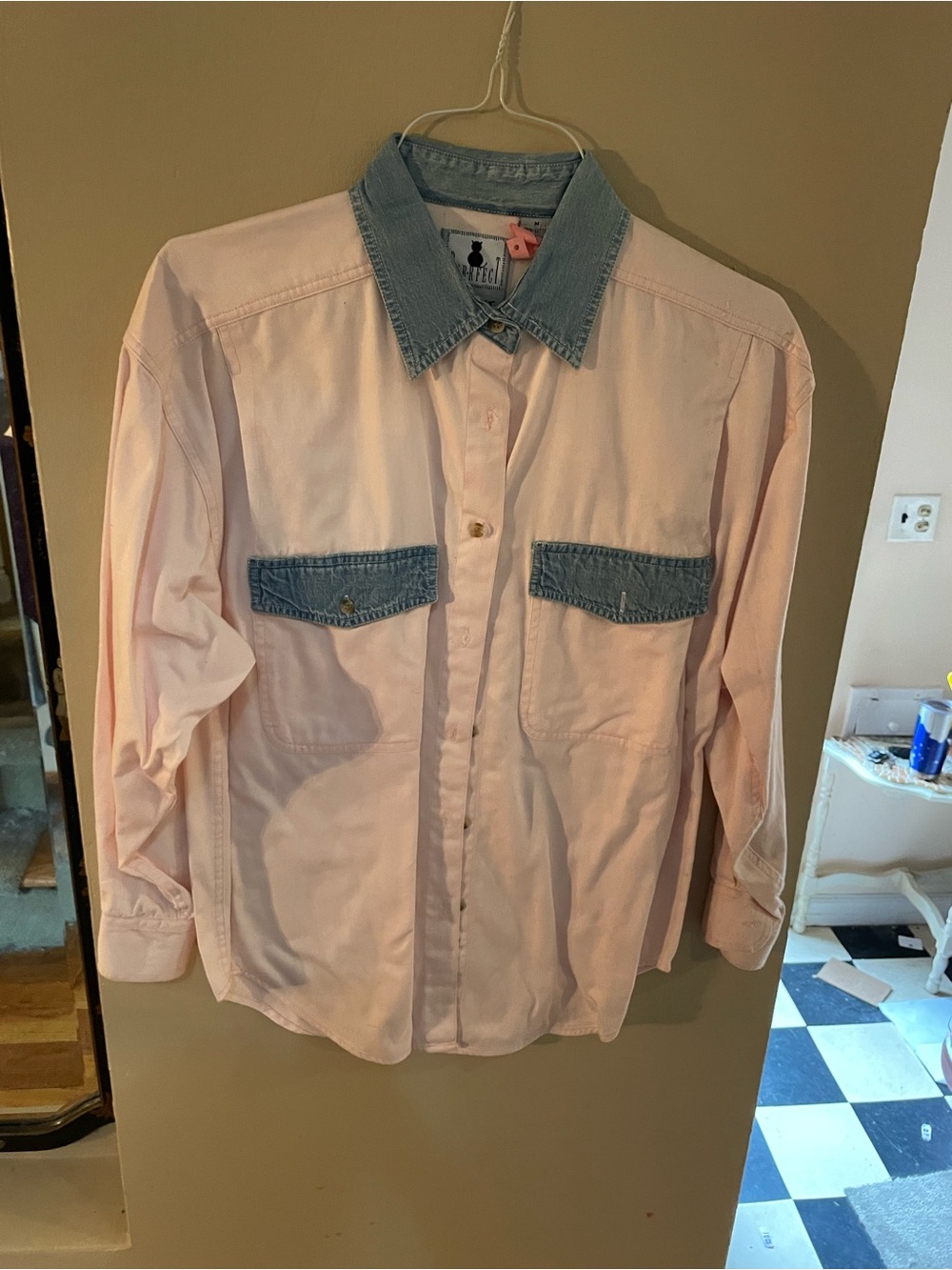 Purrfect by krazy kat Pink Button-Down Shirt with Denim Collar & Pocket Flaps